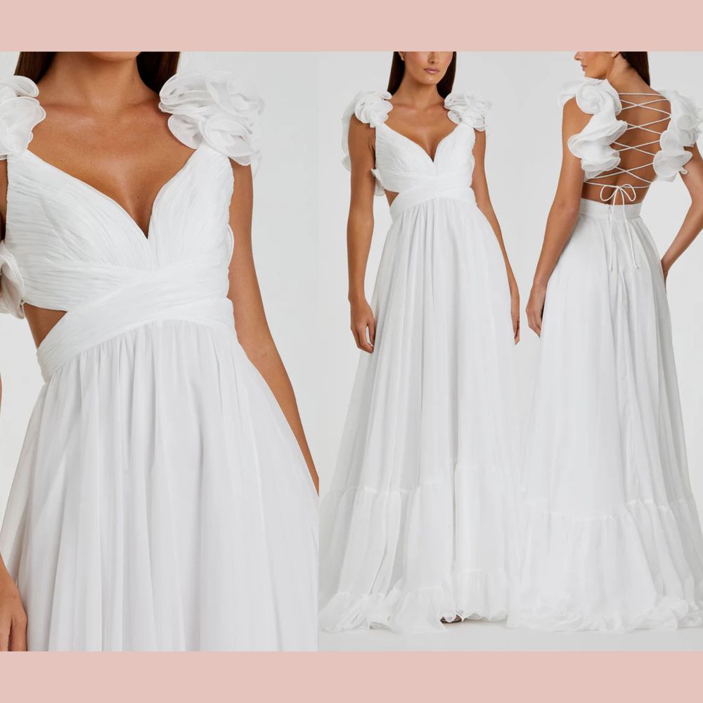 Nwd $598 Mac Duggal [ 12 ] 67911 Ruffle Tiered Cut Out Chiffon Gown White